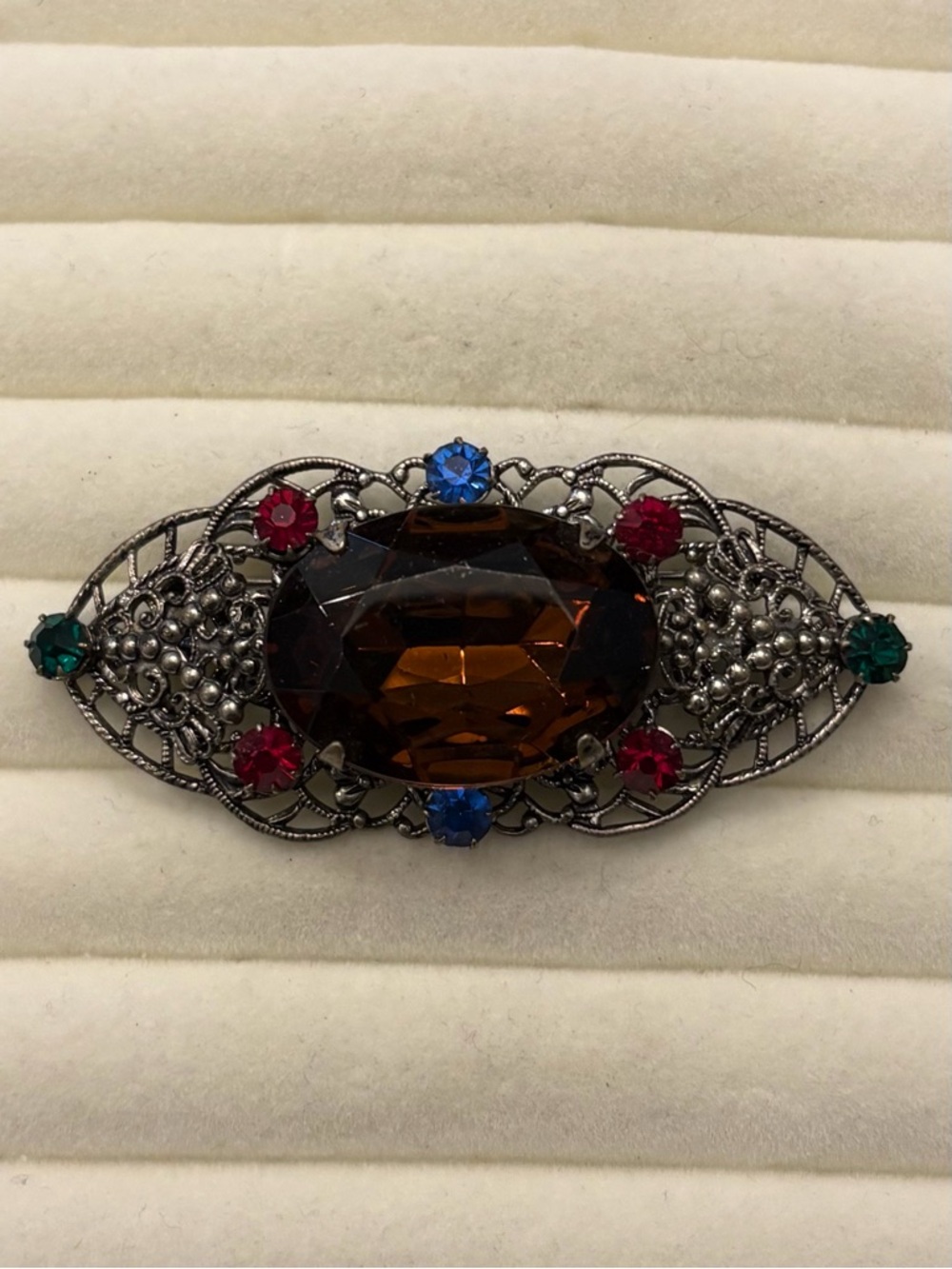 Vintage Silver Tone Filigree Pin Brooch Brown Amber Center Green Blue Red Glass